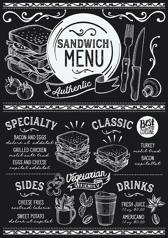 模板,菜单,食品,三明治,餐馆,垂直画幅,绘画插图,古典式,意大利三明治面包,传单