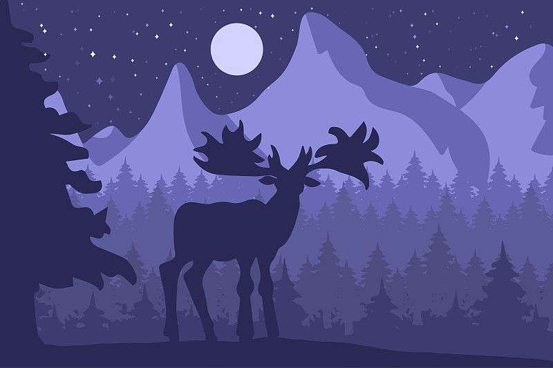 夜晚,驼鹿,山,森林,天空,绘画插图,古老的,古典式,冰岛国,落叶松