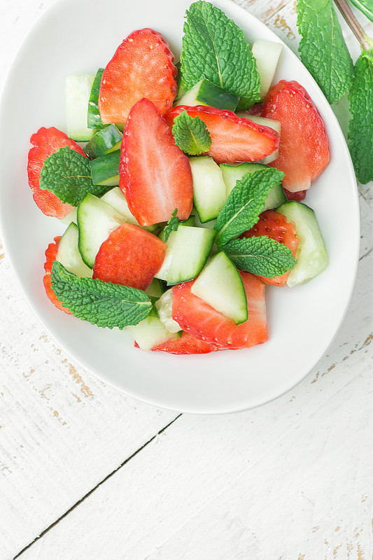 夏天,白色,草莓,清新,碗,绿色,木制,素食,沙拉,健康食物