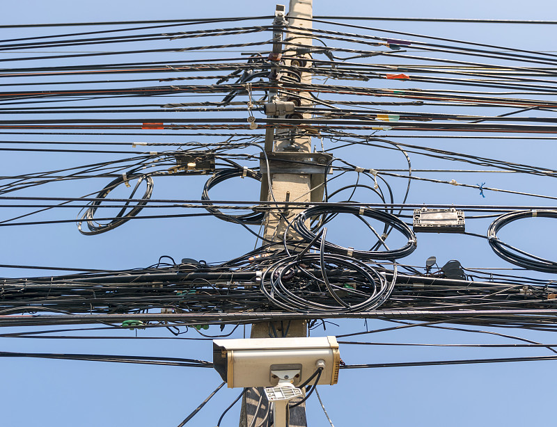电缆,电线杆,电话线,天空,水平画幅,能源,电话机,户外,泰国,金属丝