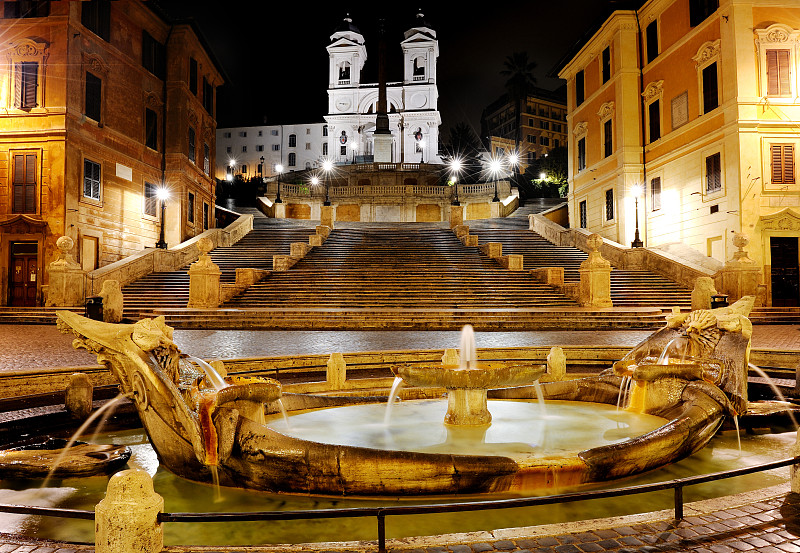 罗马,意大利,piazza,di,spagna,西班牙阶梯,水,台阶,艺术,水平画幅,夜晚,无人