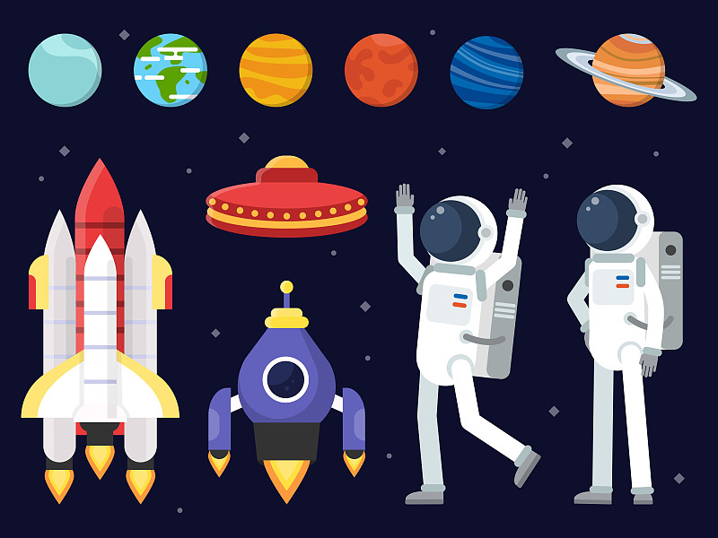 宇航员,行星,航天飞机,扁平化设计,星系,新船揭幕式,月亮,绘画插图,太空船,性格