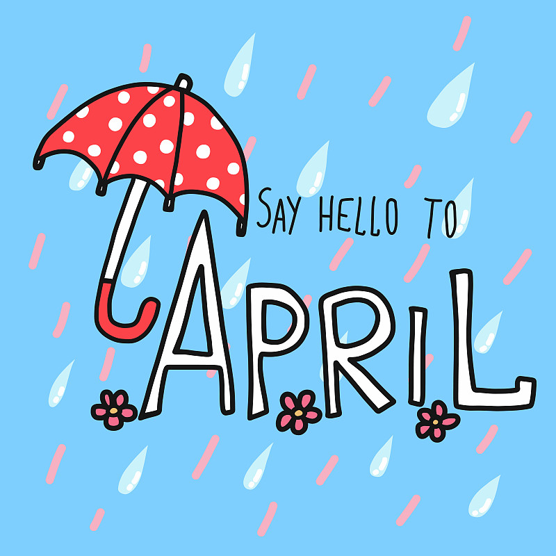 雨,伞,单词,卡通,四月,你好,水,贺卡,消息,绘画插图
