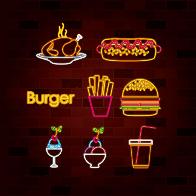 霓虹灯,汉堡包,快餐,砖墙,格子烤肉,边框,形状,夜晚,绘画插图,符号