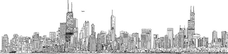 芝加哥市,绘画插图,墨水,矢量,全景,城市天际线,黑白图片,看,美,水平画幅
