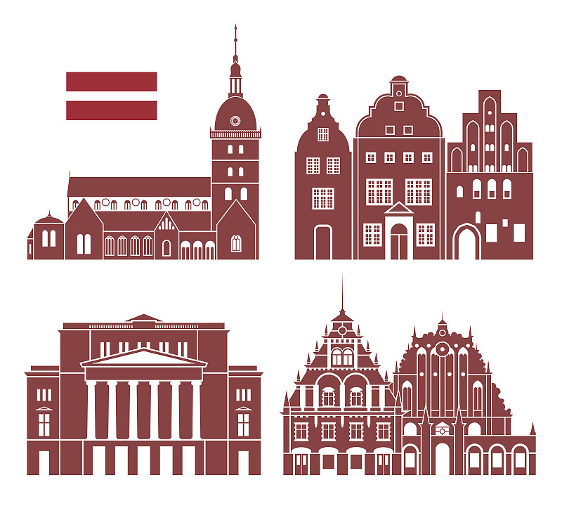 拉脱维亚,建筑,白色背景,分离着色,水平画幅,无人,绘画插图,符号,古典式