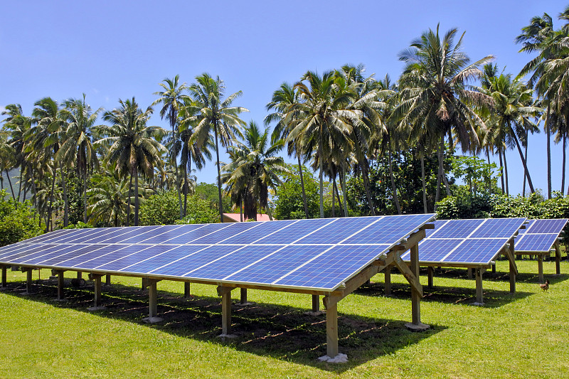 太阳能电池板,库克群岛,拉罗汤加岛,登月舱,太阳能发电站,水平画幅,能源,无人,南太平洋,偏远的