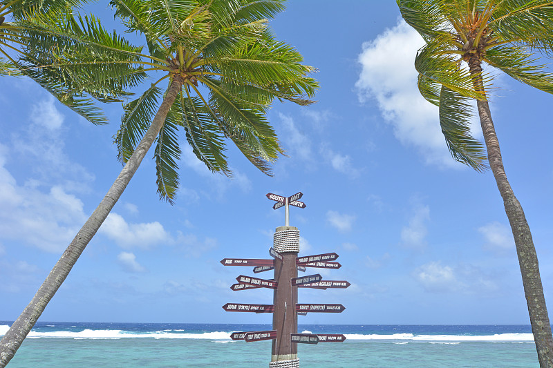 库克群岛,拉罗汤加岛,方向标,天空,水平画幅,导游,无人,椰子树,南太平洋,户外