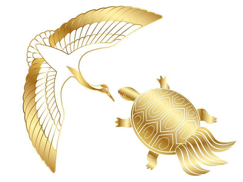 黄金,海龟,绘画插图,矢量,鹤,美,新的,水平画幅,快乐,传统
