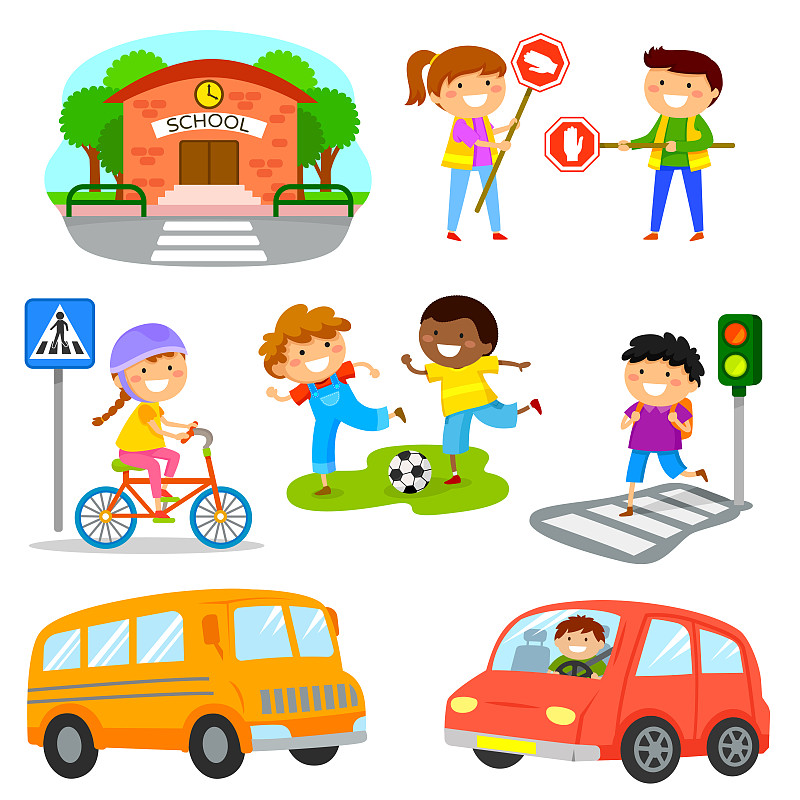 交通,组物体,卡通,安全的,儿童,可爱的,路,家庭,十字形,绘画插图