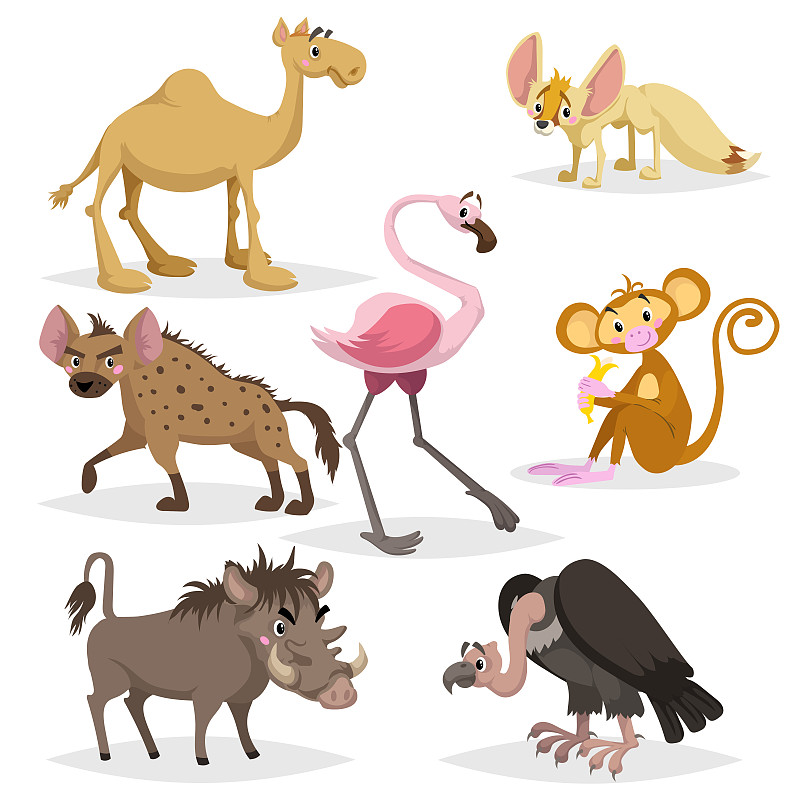 绘画插图,卡通,矢量,非洲,鬣狗,狐狸,香蕉,火烈鸟,动物,动物园