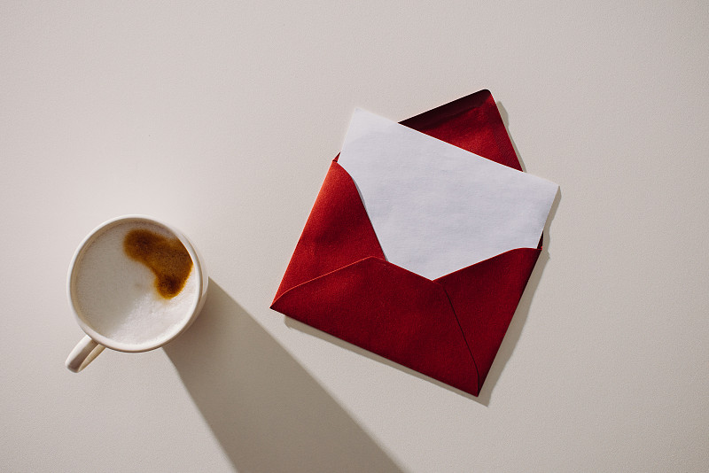 咖啡杯,红包,纸,空白的,贺卡,留白,水平画幅,高视角,消息,邮局