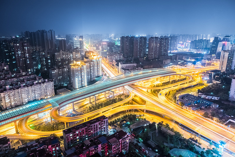 夜晚,城市,立交桥,水平画幅,高视角,无人,交通,户外,光,都市风景