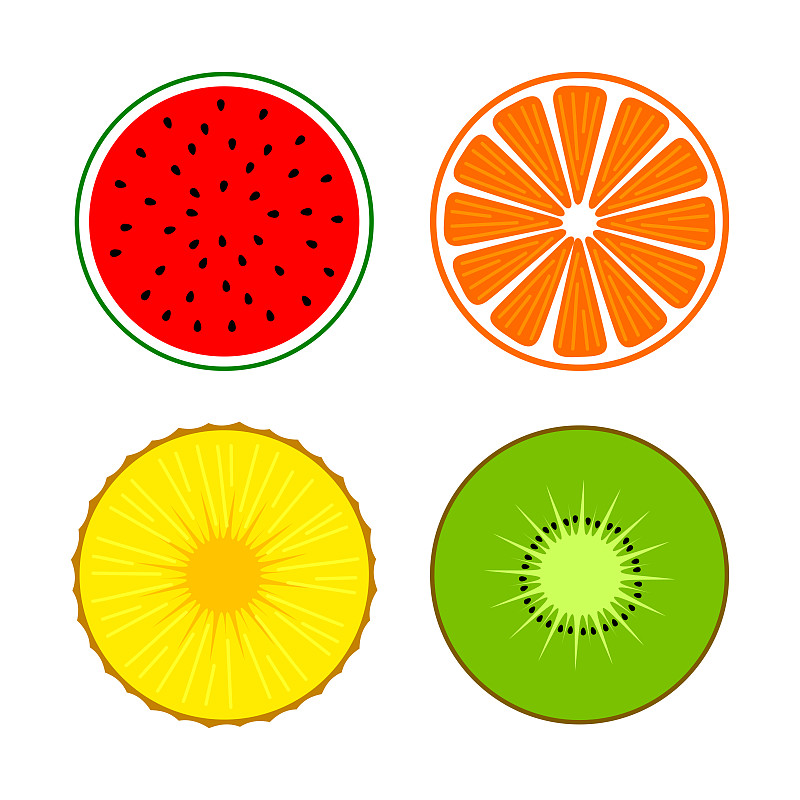 菠萝,水果,切片食物,西瓜,猕猴桃,橙子,木瓜,绘画插图,符号,早晨