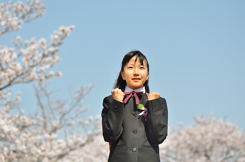 日本,樱桃树,高中生,天空,美,半身像,水平画幅,樱花,樱桃,制服