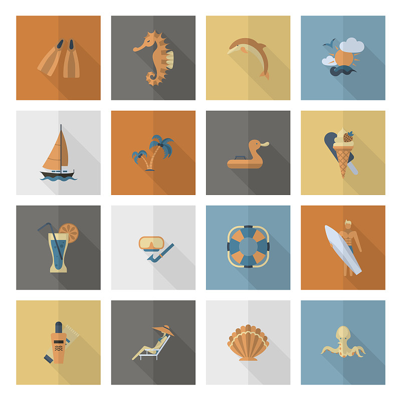 符号,夏天,海滩,平坦的,极简构图,冰淇淋,沙滩椅,海熊,绘画插图,海豚