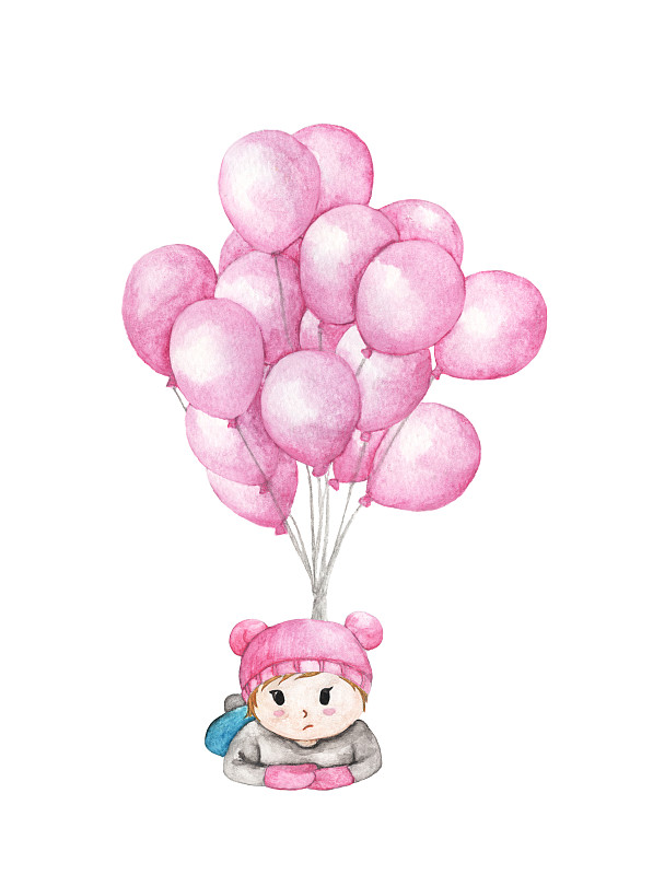 绘画插图,气球,儿童,手,粉色,分离着色,白色背景,水彩画,飞,绘制