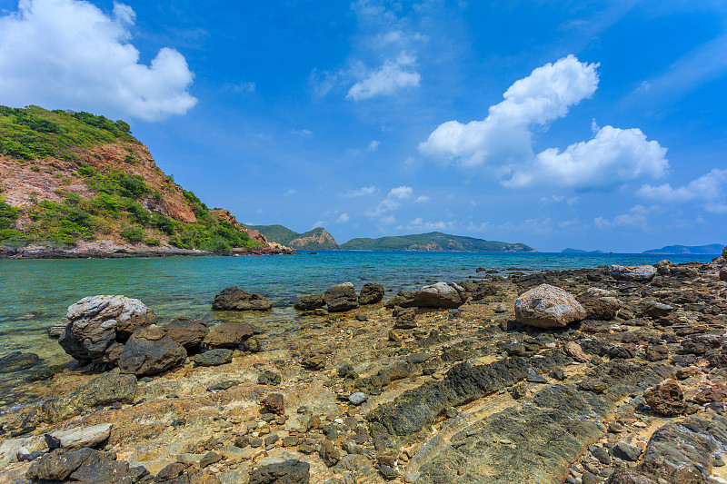 岩石,马尼亚岛,女人,海湾,水,天空,沙子,夏天,海滩,热带气候