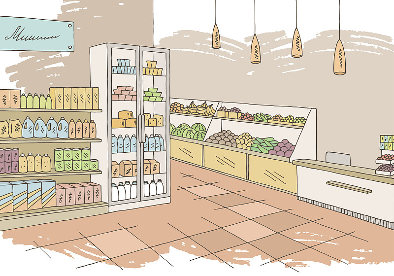 食品杂货,绘画插图,商店,彩色图片,矢量,草图,商业内部,插画,奶制品,褐色