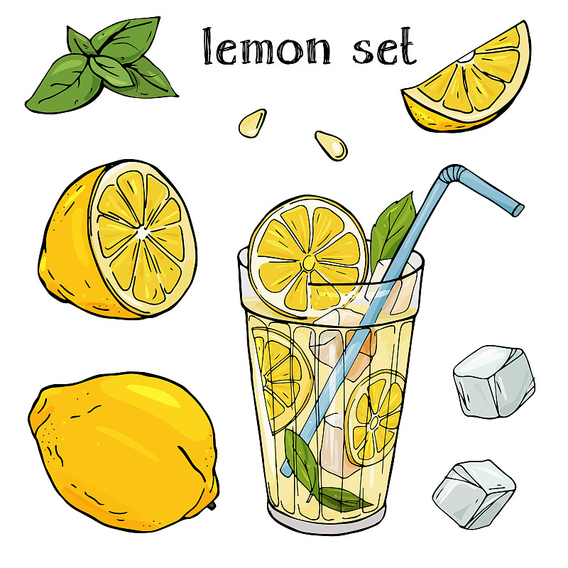 柠檬,柠檬水,玻璃,酷,薄荷,白色背景,冰块,杯,绘画插图,水