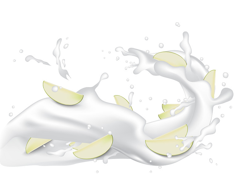 绘画插图,奶油,酸奶,苹果,三维图形,牛奶,绿色,波浪,溅,倒
