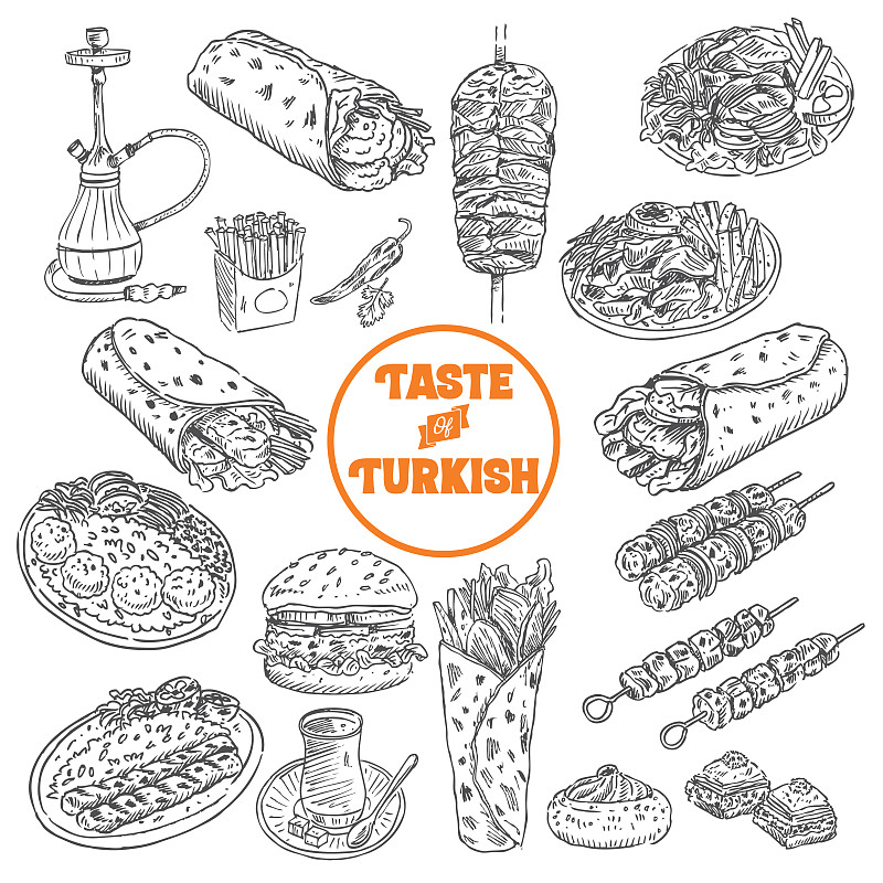 绘画插图,矢量,手,土耳其美食,咖喱,格子烤肉,皮塔饼,传统,膳食,组物体