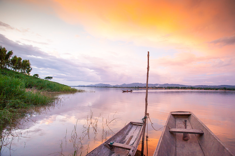 湄公河,传统,曙暮光,渔船,在下面,老挝,蠕虫,社区,渔夫,边界
