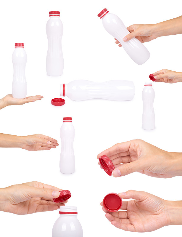 酸奶,瓶子,手,鸭舌帽,牛奶瓶,塑料容器,个性,红辣椒,分离着色,白色背景