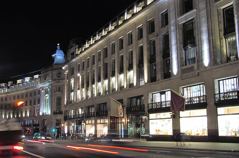 夜晚,摄政街,伦敦,零售展示,牛津广场,外立面,水平画幅,市区路,交通,英格兰