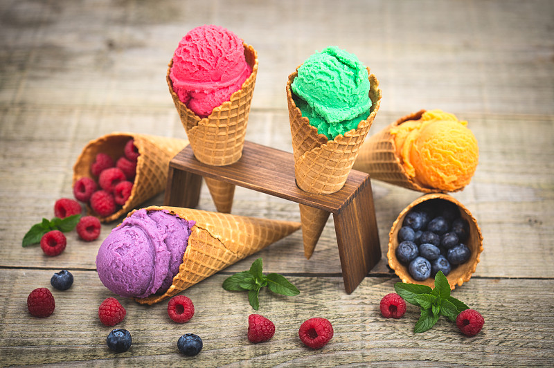 冰淇淋,圆锥,水果,多样,自制的,球,留白,奶制品,奶油,夏天