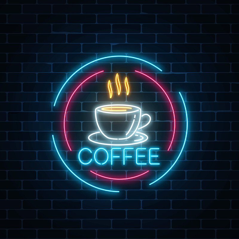 热,咖啡馆,咖啡杯,计算机图标,霓虹灯,标志,边框,光效果,热饮,圆形