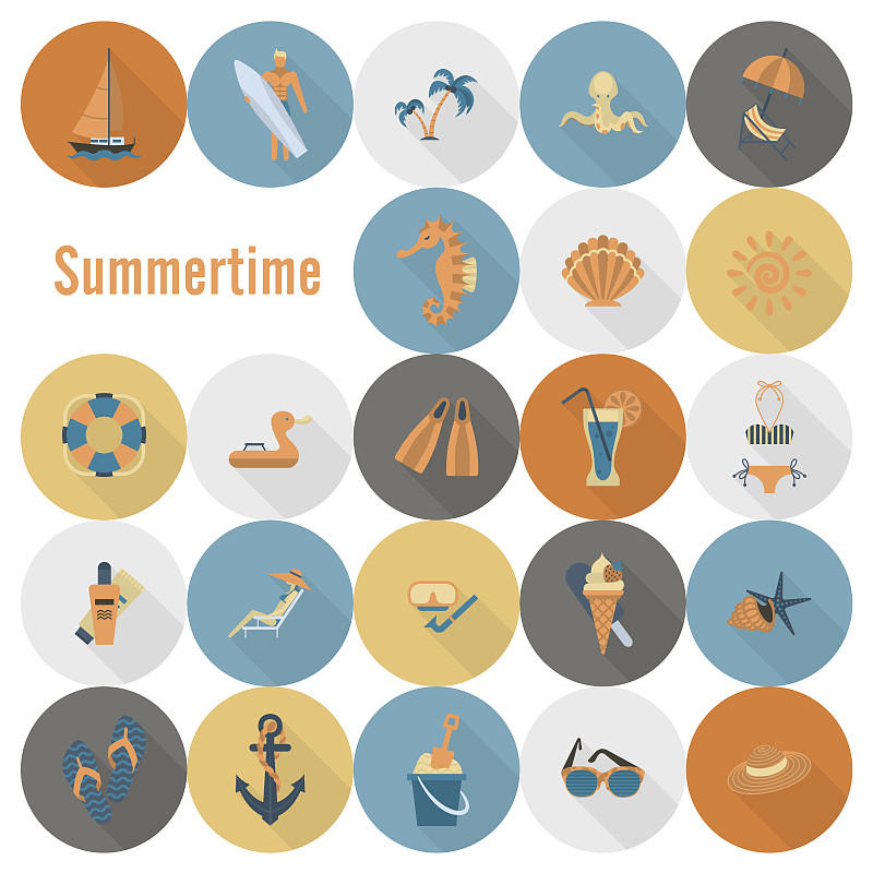 符号,夏天,海滩,平坦的,极简构图,冰淇淋,沙滩椅,海熊,绘画插图,海豚