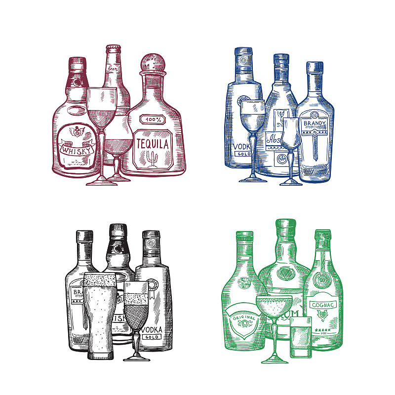 绘画插图,含酒精饮料,饮料,瓶子,矢量,手,玻璃杯,堆,布置,绘制