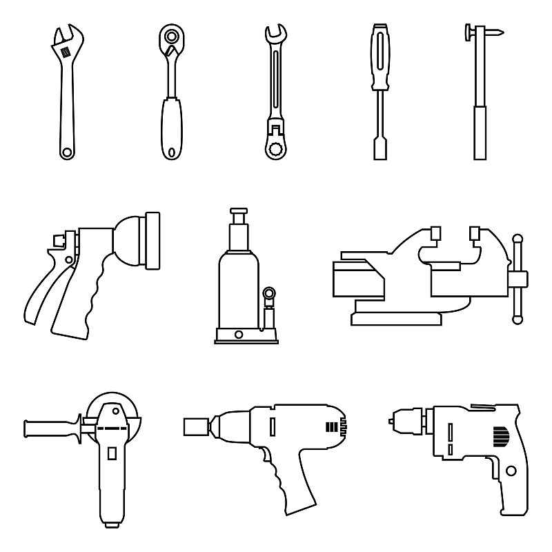 手工具,矢量,线条,细的,汽车起重机,可调,活动扳手,夹钳,磨光机,电动工具