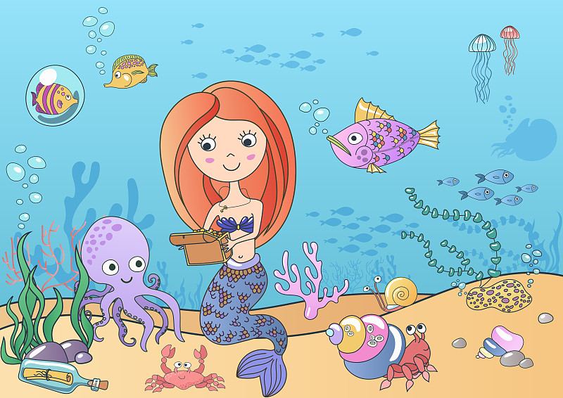 绘画插图,水下,鱼类,矢量,可爱的,百宝箱,美人鱼,动物手,游泳,绘制