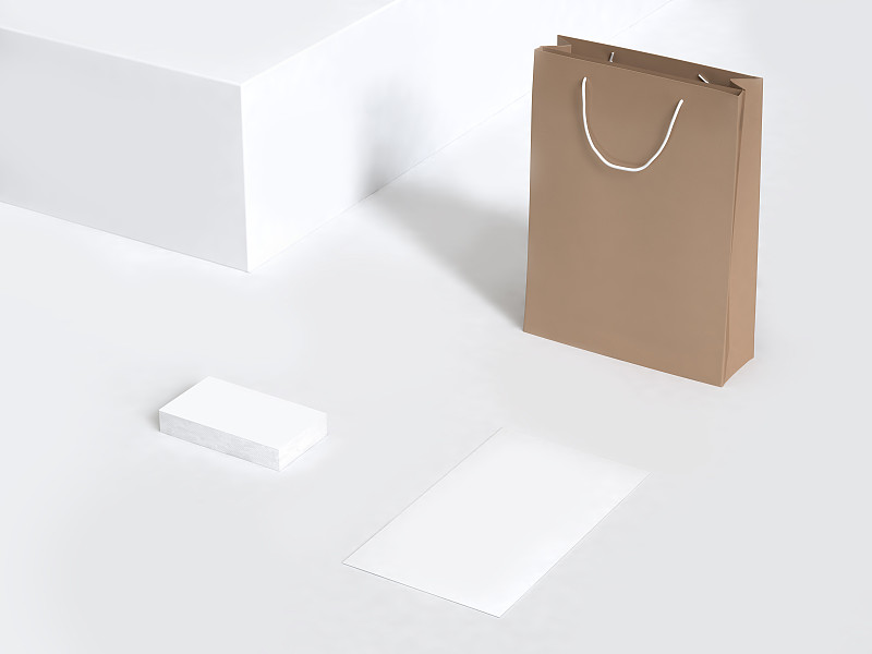 白色,三维图形,纸袋,名片,纸,概念,轻蔑的,极简构图,正下方视角,购物