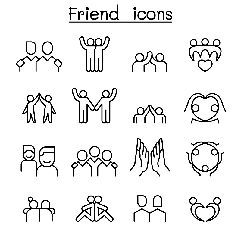 友谊,细的,图标集,高雅,成一排,绘画插图,符号,志愿者,组物体,计算机制图
