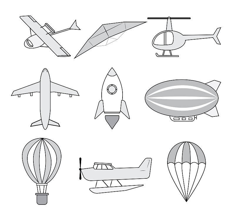 降落伞,滑翔机,气球,火箭,水上滑艇,矢量,直升机,飞机,飞艇,运输