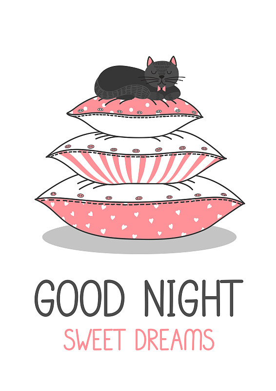 猫,黑色,枕头,就寝时间,垂直画幅,绘画插图,夜晚,白色,矢量,小猫