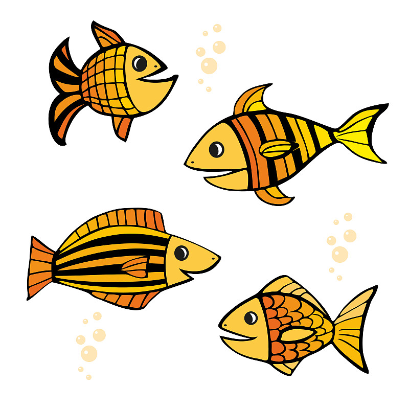 鱼类,橙色,白色背景,轮廓,黑色,四只动物,手,黄色,绘制,布置