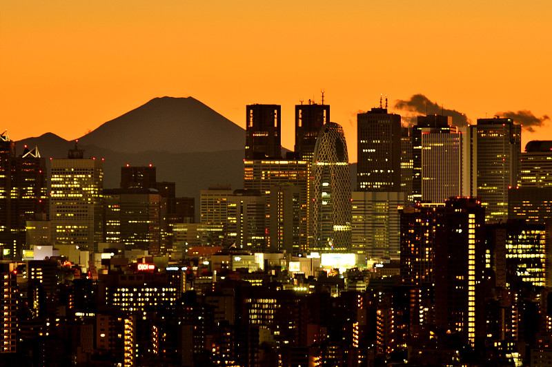 东京,富士山,城市天际线,黄昏,白昼,天空,城镇景观,新宿区,水平画幅,云