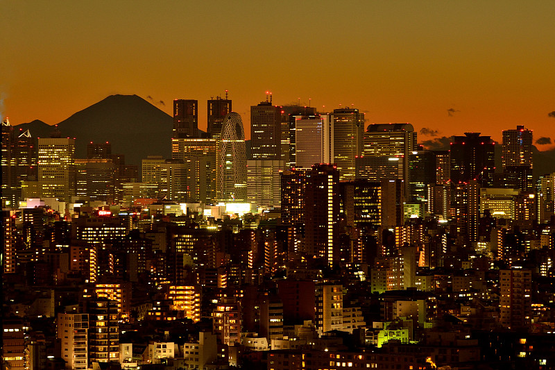 东京,富士山,城市天际线,黄昏,白昼,城镇景观,日夜转换系列,新宿区,水平画幅,云