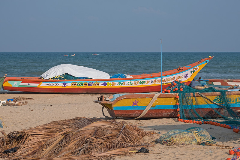 海岸线,拖捞船,玛哈巴利普兰,泰米尔纳德邦,船首,鱼网,停泊的,渔网,网,渔业