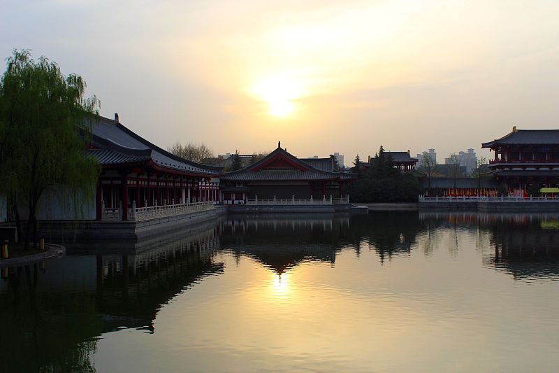 大唐芙蓉园,中国,西安,水平画幅,无人,日落,摄影,旅行,反射