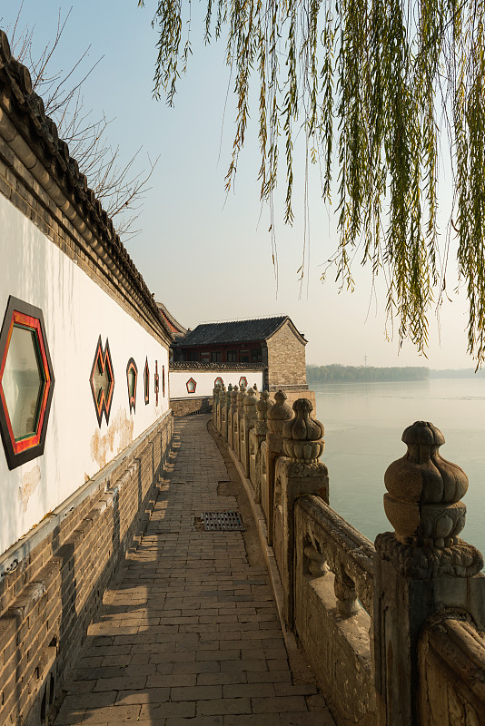 北京,中国,颐和园,柳树,池塘,宁静,园艺展览,远古的,人行桥,桥