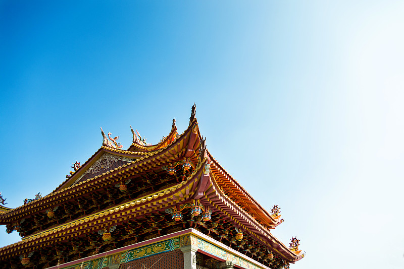 寺庙,屋顶,天空,蓝色,在下面,高雅,屋檐,雕塑,佛教,美术工艺