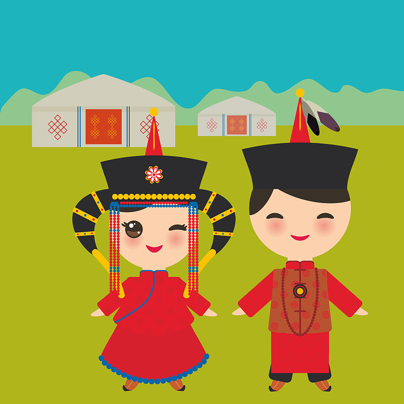 卡通,儿童,矢量,蒙古人,帽子,女孩,男孩,山,东欧大草原,住房