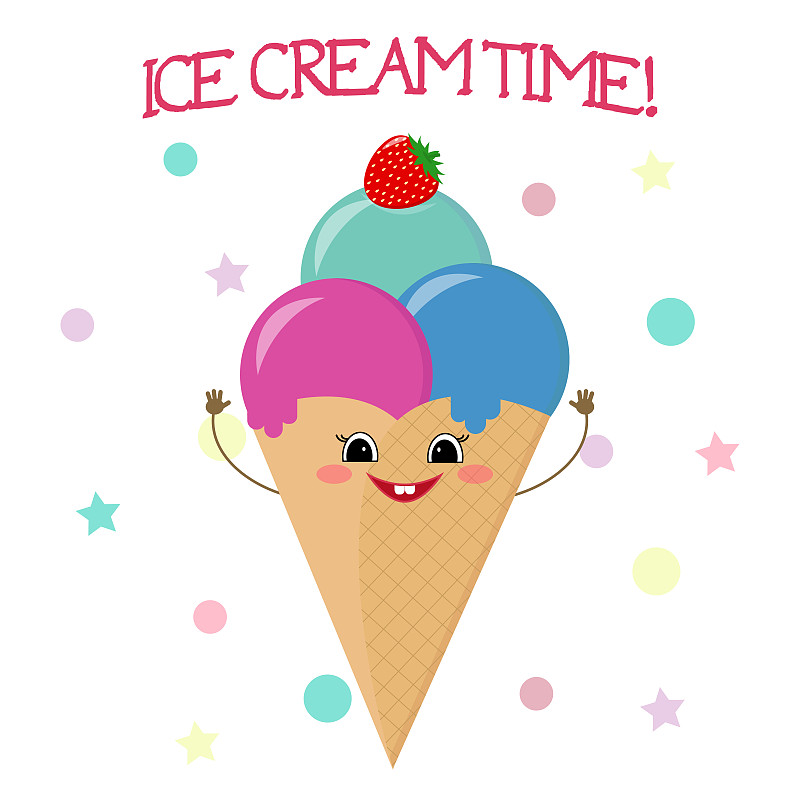 冰淇淋,卡通,冰淇淋蛋卷,风格,樱桃,绘画插图,奶泡,奶油,标签,夏天