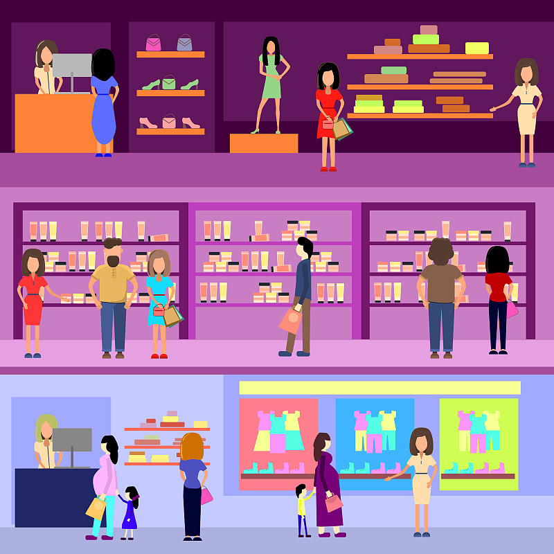 绘画插图,购物中心,人,化学元素周期表,扁平化设计,概念,顾客,超级市场,架子