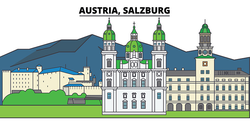 绘画插图,奥地利,著名景点,街道,矢量,地形,建筑,城市天际线,萨尔茨堡,符号